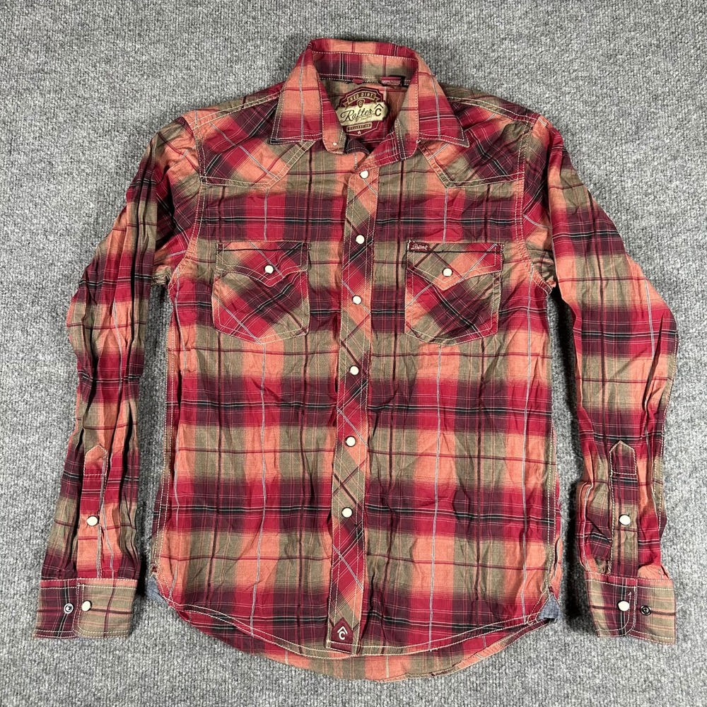 Rafter C Shirt Mens Size L Red Plaid Western Pearl Snap Long Sleeve Cotton Blend